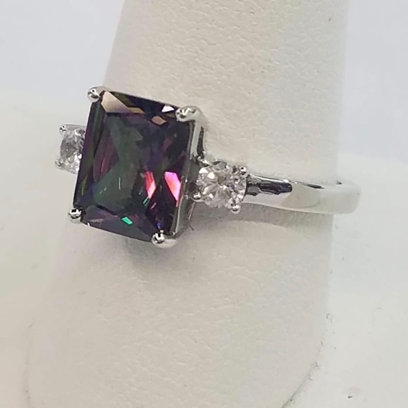 SS 3.5 CT Triple Rectangular Rainbow Topaz CZ Ring - Picture 2 of 4